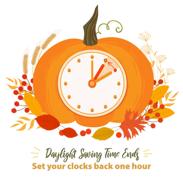 Daylight saving time ends. Fall back time banner. Clock change. Pumpkin alarm clock with autumn leaves. The reminder schedule set your clocks back one hour.